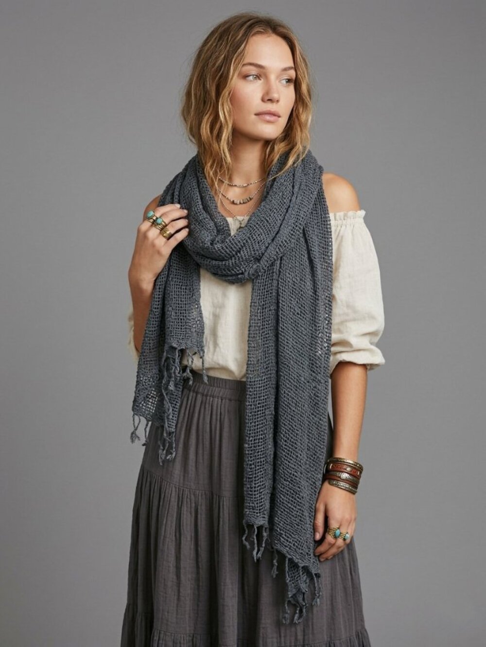 Marquet Slate Grey 100% Cotton Handmade Woven Fringe Scarf Boho Wrap Shawl